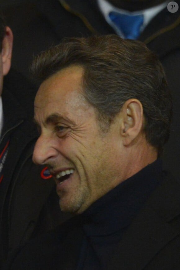 Nicolas Sarkozy radieux pendant la rencontre PSG - Montpellier au Parc des Princes, Paris, le 29 mars 2013.