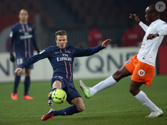 David Beckham engagé pendant la rencontre PSG - Montpellier au Parc des Princes, Paris, le 29 mars 2013.