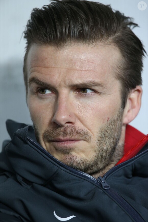 David Beckham débute sur le banc pour la rencontre PSG - Montpellier au Parc des Princes, Paris, le 29 mars 2013.
