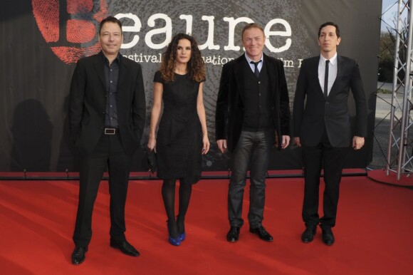 Didier Long, Barbara Cabrita, Christophe Hondelatte et Stéphane Foenkinos jurés de la section Sang Neuf à l'ouverture du Festival du Film Policier de Beaune, le 3 avril 2013.