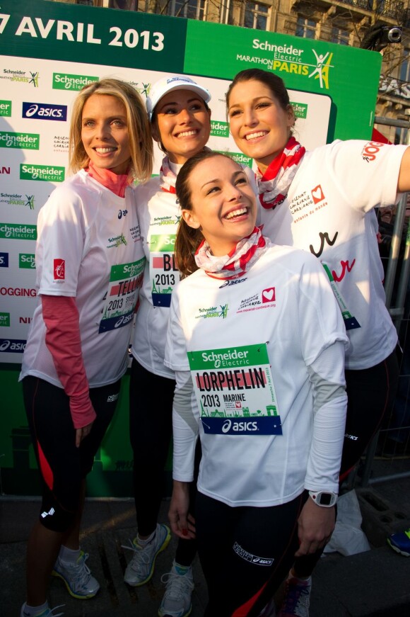 Les Miss Sylvie Tellier, Laury Thilleman, Laetitia Bleger et Marine Lorphelin, Sylvie Tellier ont couru le 37e Marathon de Paris pour Mécénat Chirurgie Cardiaque le 7 avril 2013.