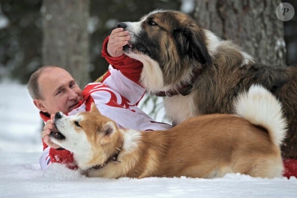 Vladimir Poutine avec ses deux chiens Yume et Buffy à Moscou, le 24 mars 2013.