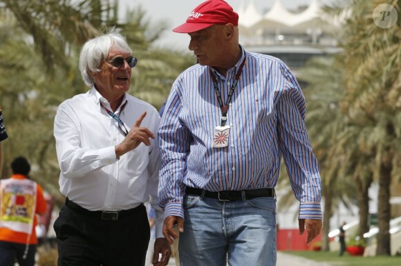 Niki Lauda, Bernie Ecclestone lors du Grand Prix de Bahreïn à Sakhir, le 21 avril 2013