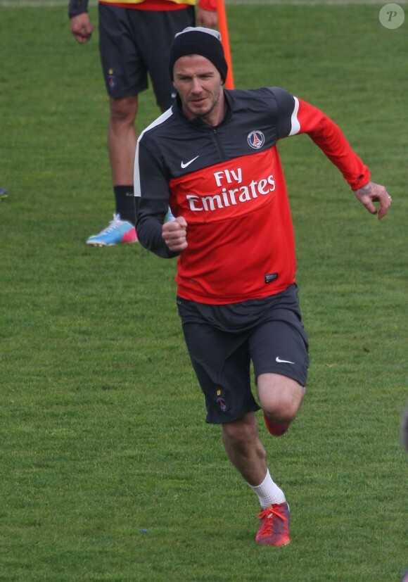 David Beckham à l'entrainement au camp des Loges avec ses partenaires du Paris Saint-Germain. Saint-Germain en Laye, le 26 avril 2013.