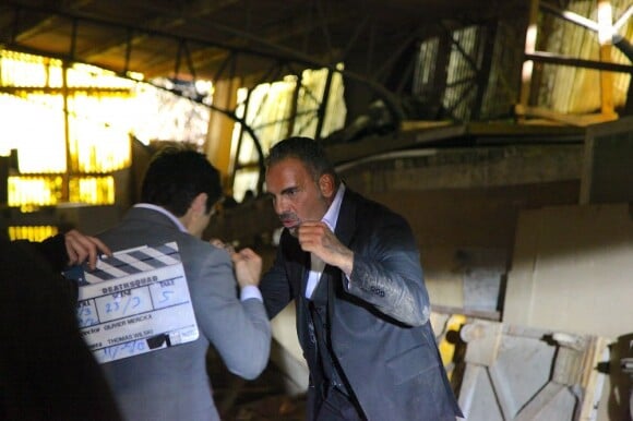 Exclusif - Hafid Stitou et Christian Audigier sur le tournage du film 'Death Squad' d'Olivier Merckx dans la banlieue de Bruxelles en Belgique le 11 mai 2013