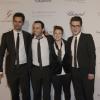 Les quatre finalistes de The Voice 2, Nuno Resende, Olympe, Loïs et Yoann Fréget aux côtés de Nikos Aliagas, lors du Global Gift Gala à l'initiative d'Eva Longoria, à l'hôtel George V à Paris, le 13 mai 2013