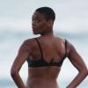 Montana Fishburne, en soutien-gorge et string sur une plage à Santa Monica. Le 21 mai 2013.