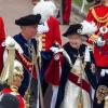 Cérémonies annuelles de l'Ordre de la Jarretière, lundi 17 juin 2013 à Windsor. Après un déjeuner au château, la reine Elizabeth II a mené avec son fils le prince Charles et son petit-fils le prince William, en l'absence du duc d'Edimbourg, la procession jusqu'à la chapelle Saint George.