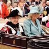 Cérémonie annuelle de l'Ordre de chevalerie de la Jarretière, lundi 17 juin 2013 à Windsor. Après un déjeuner au château, la reine Elizabeth II a mené avec son fils le prince Charles et son petit-fils le prince William, en l'absence du duc d'Edimbourg, la procession jusqu'à la chapelle Saint George.