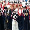 Cérémonie annuelle de l'Ordre de chevalerie de la Jarretière, lundi 17 juin 2013 à Windsor. Après un déjeuner au château, la reine Elizabeth II a mené avec son fils le prince Charles et son petit-fils le prince William, en l'absence du duc d'Edimbourg, la procession jusqu'à la chapelle Saint George.