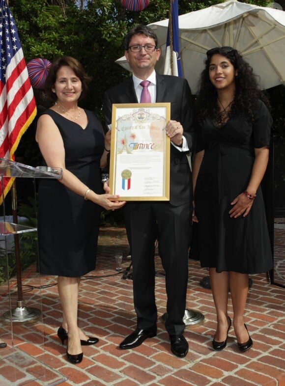 Lourdes Saab, French Consul Axel Cruau and Dourene Cruau attend 'Bastille Day' celebration held at The French Consul's residence in Beverly Hills, Los Angeles, CA, USA on July 14, 2013. Photo by Gimini/ABACAPRESS.COM15/07/2013 - Los Angeles