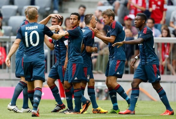 Arjen Robben, Philipp Lahm, Thiago Alcantara, Franck Ribery, Thomas Müller et David Alaba pendant le match amical Bayern Munich-FC Barcelone, à Munich le 24 juillet 2013.