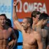 Jérémy Stravius, héros du relais tricolore, et ses pote Fabien Gilot, Florent Manaudou et Yannick Agnel sont devenus champion du monde du relais 4x100m nage libre lors des mondiaux de Barcelone le 28 juillet 2013 au Palau Sant Jordi