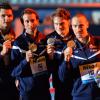 Yannick Agnel, Florent Manaudou, Fabien Gilot et Jérémy Stravius, les 4 fantastiques sur le podium de Barcelone après être devenus champion du monde du relais 4x100m nage libre lors des mondiaux le 28 juillet 2013 au Palau Sant Jordi