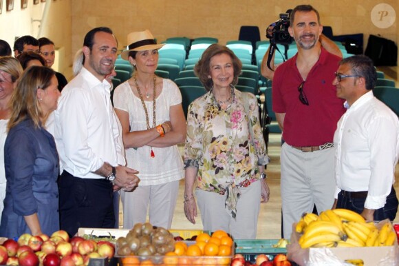 Le prince Felipe, la reine Sofia et l'infante Elena d'Espagne à la rencontre des bénévoles d'un gymnase accueillant des habitants évacués. Les royaux étaient en visite à Andratx (pointe ouest de l'île de Majorque) dans la matinée du 31 juillet 2013 pour saluer les personnels de la lutte anti-incendies, sur le pied de guerre depuis plusieurs jours, et les populations déplacées suite aux incendies de la Sierra de la Tramuntana. Durant leur visite, un nouveau foyer s'est déclaré, heureusement vite maîtrisé.