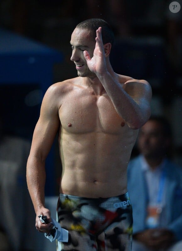 Jérémy Stravius à l'issue du 100 mètres dos, lors des championnats du monde de Barcelone, le 31 juillet 2013 au Palau San Jordi