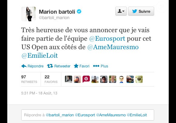 Message de Marion Bartoli sur Twitter annonçant son arrivée sur Eurosport le 18 août 2013.