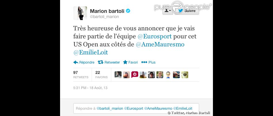 Message de Marion Bartoli sur Twitter annonçant son arrivée sur Eurosport le 18 août 2013.