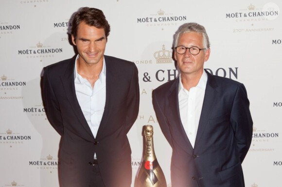 Roger Federer et Stéphane Baschiera lors des 270 ans de Moët & Chandon à New York le 20 août 2013.