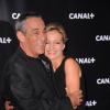 Thierry Ardisson et sa compagne Audrey Crespo-Mara, amoureux, lors de la soirée de rentrée de Canal +, mercredi 28 août à Paris