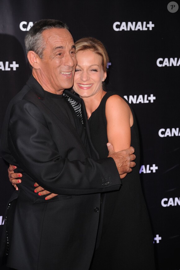Thierry Ardisson et sa compagne Audrey Crespo-Mara, amoureux, lors de la soirée de rentrée de Canal +, mercredi 28 août à Paris