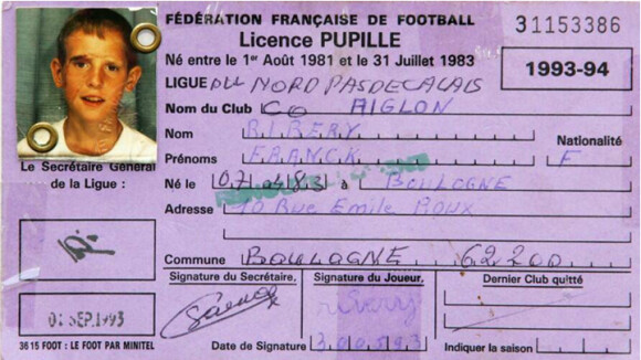 La licence de foot de Franck Ribéry lorsqu'il avait 10 ans et jouait au ACO Aiglon