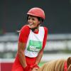Laure Manaudou, parée pour la course Le Triomphe des Stars, organisée par le PMU et son opération Serial Parieurs, le 12 septembre 2013 à Paris