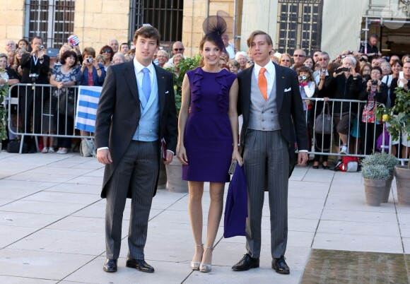 Le prince Sébastien de Luxembourg, la princesse Tessy et son époux, le prince Louis de Luxembourg - Arrivées des invités au mariage du prince Felix de Luxembourg et de la princesse Claire en la basilique Sainte Marie-Madeleine de Saint-Maximin-La-Sainte-Baume, le 21 septembre 2013.