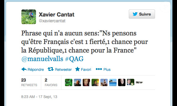 Xavier Cantat, compagnon de Cécile Duflot, égratigne Manuel Valls sur Twitter, le 17 septembre 2013.