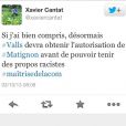 Capture du tweet assassin de Xavier Cantat à l'encontre de Manuel Valls publié jeudi 3 octobre.