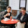 Cecile Duflot et Pascal Durand (secrétaire national d'Europe Ecologie-les Verts) prennent leur petit-déjeuner dans un café à deux pas du palais de l'Elysée avant le conseil des ministres à Paris le 2 Octobre 2013.