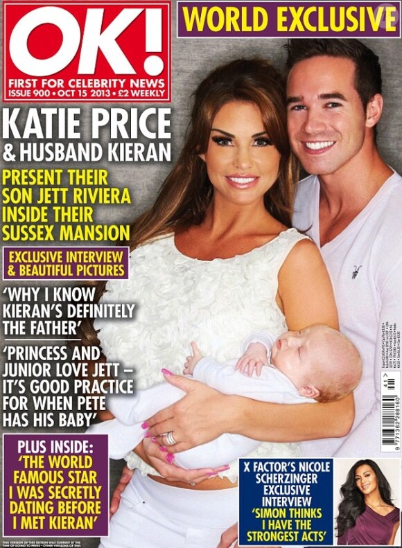 Katie Price a présenté au monde son fils Jett, deux mois après sa naissance, en posant en couverture du magazine anglais OK, daté du 15 octobre 2013.