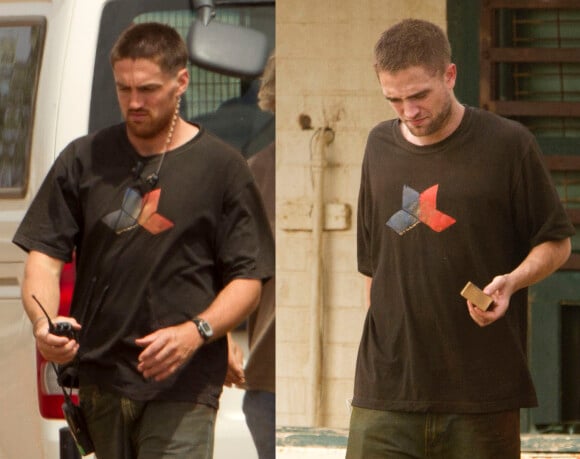 Robert Pattinson et sa doublure sur le tournage de "The Rover", le 28 février 2013.