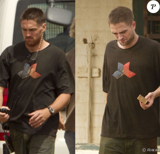 Robert Pattinson et sa doublure sur le tournage de "The Rover", le 28 février 2013.