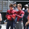Andrew Garfield et sa doublure sur le tournage de 'The Amazing Spider-Man 2' à New York le 22 juin 2013.
