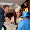 Baptême du prince George, fils du duc et de la duchesse de Cambridge, troisième dans l'ordre de succession au trône britannique, le 23 octobre 2013 à Londres.