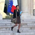 Najat Vallaud-Belkacem, ministre des Droits des femmes, à la sortie du Conseil des ministres du 30 octobre 2013 au palais de l'Elysée à Paris.