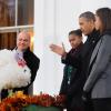 Barack Obama a gracié une dinde devant ses filles Sasha et Malia, la veille de Thanksgiving, à la Maison Blanche à Washington, le 27 novembre 2013.