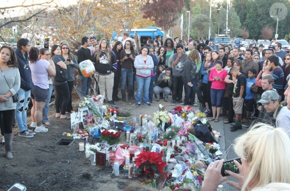 Des fans sont venus rendre hommage à Paul Walker sur le lieu de l'accident qui lui a coûté la vie le 30 novembre 2013 à l'âge de 40 ans, à Santa Clarita, le 1er décembre 2013.