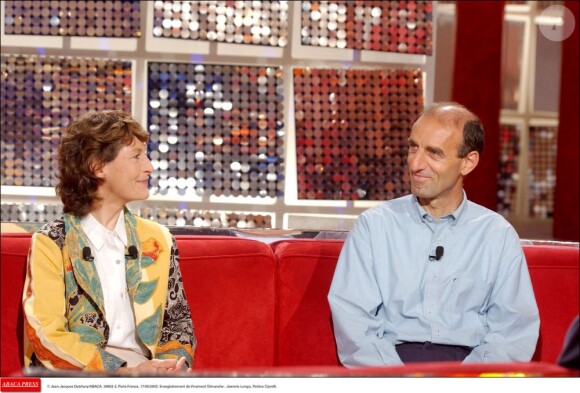 Jeannie Longo et Patrice Ciprelli, le 17 mai 2002 lors de l'enregistrement de Vivement Dimanche à Paris