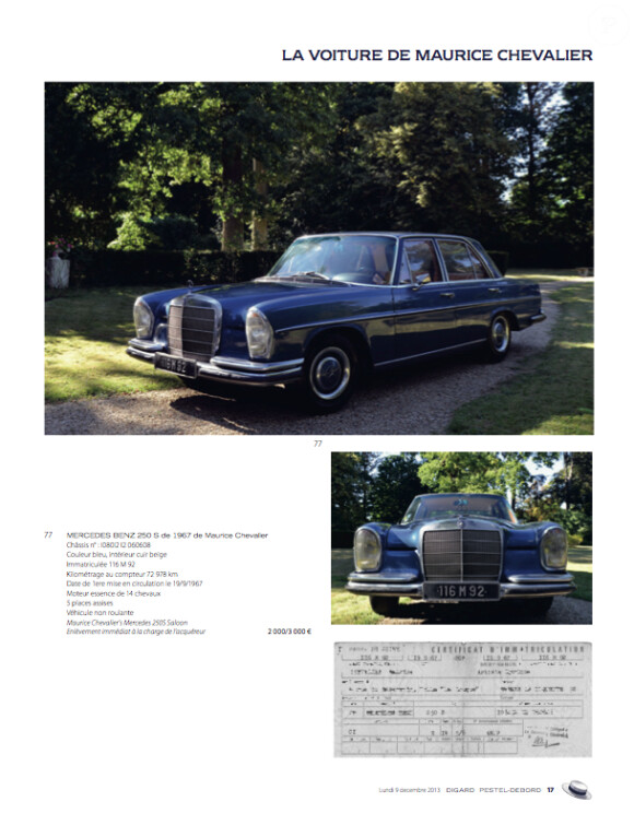 La Mercedes 250 S (1967) de Maurice Chevalier a été adjugée 13 723 euros, frais compris, lors de la vente consacrée au chanteur à l'Hôtel Drouot à Paris, le 9 décembre 2013.