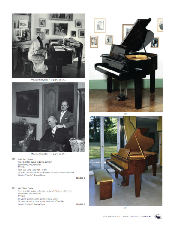 Un piano de répétition, quart de queue style Art Déco, qui trônait dans le bureau personnel de Maurice Chevalier a été adjugé 8 005 euros lors de la vente consacrée au chanteur à l'Hôtel Drouot à Paris, le 9 décembre 2013.