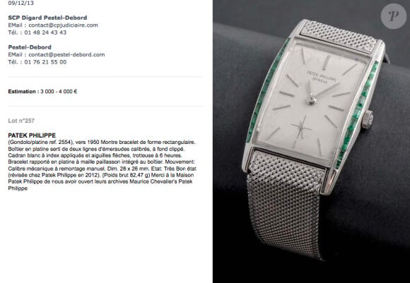 La montre Patek Philippe en platine (1950) de Maurice Chevalier a été adjugée 25 157 euros, frais compris, lors de la vente consacrée au chanteur à l'Hôtel Drouot à Paris, le 9 décembre 2013.