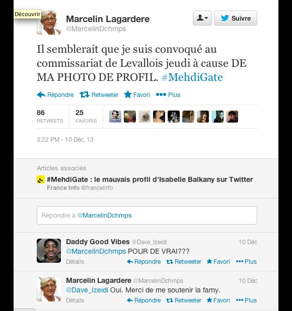 Capture d'écran du compte Twitter de Mehdi M. (@MarcelinDchmps) contre lequel Isabelle Balkany a porté plainte - décembre 2013