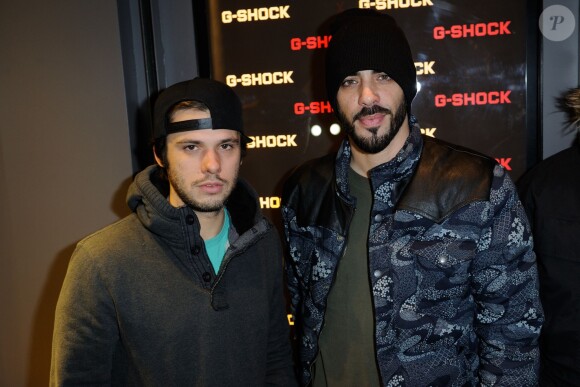 Orelsan et Ginger lors de l'inauguration de la nouvelle boutique G-Shock à Paris le 12 décembre 2013.