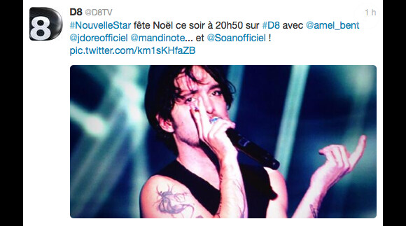 Le tweet de D8 pour confirmer la présence de Soan dans Nouvelle Star fête Noël, le jeudi 26 décembre 2013
