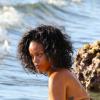 Rihanna savoure une bière bien fraîche à la plage lors de ses vacances à la Barbade, le 28 décembre 2013.