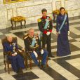  La reine Margrethe II de Danemark, le prince consort Henrik, le prince héritier Frederik et la princesse Mary lors de la réception du Nouvel An du corps diplomatique au palais Christiansborg à Copenhague le 6 janvier 2014. 