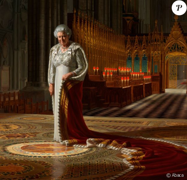 Tableau "Le Théâtre du couronnement, Abbaye de Westminster : un portrait de sa Majesté la reine Elizabeth II", réalisé par l'Australien Ralph Heimans à l'occasion du jubilé de diamant de la monarque britannique en 2012. Accrochée à Westminster, la toile a été vandalisée le 13 juin 2013 par un père en colère, Tim Haries.