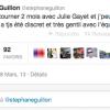Le fameux tweet de Stéphane Guillon publié le 28 mars 2013 et ironisant sur la présence de François Hollande sur le tournage de son film avec Julie Gayet.